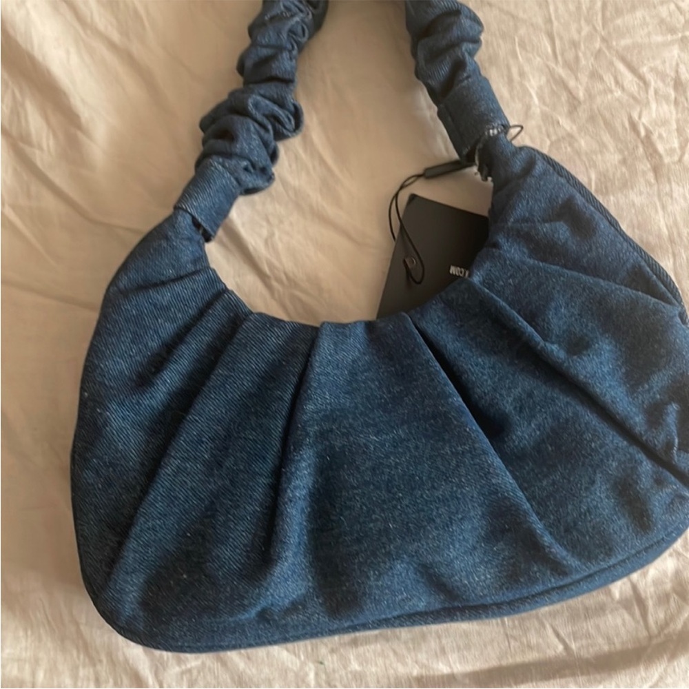 Blue denim extreme ruched handle shoulder bag